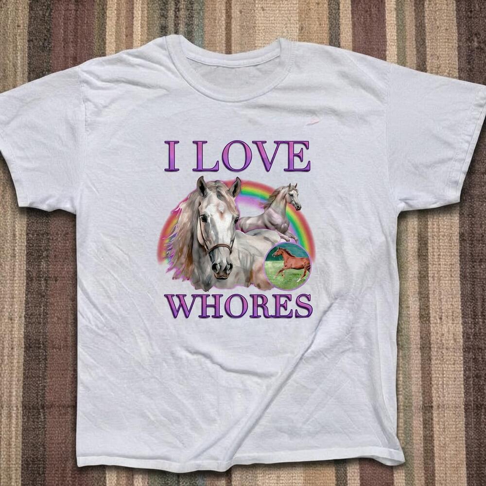 White Graphic Tee With Horses And Rainbow